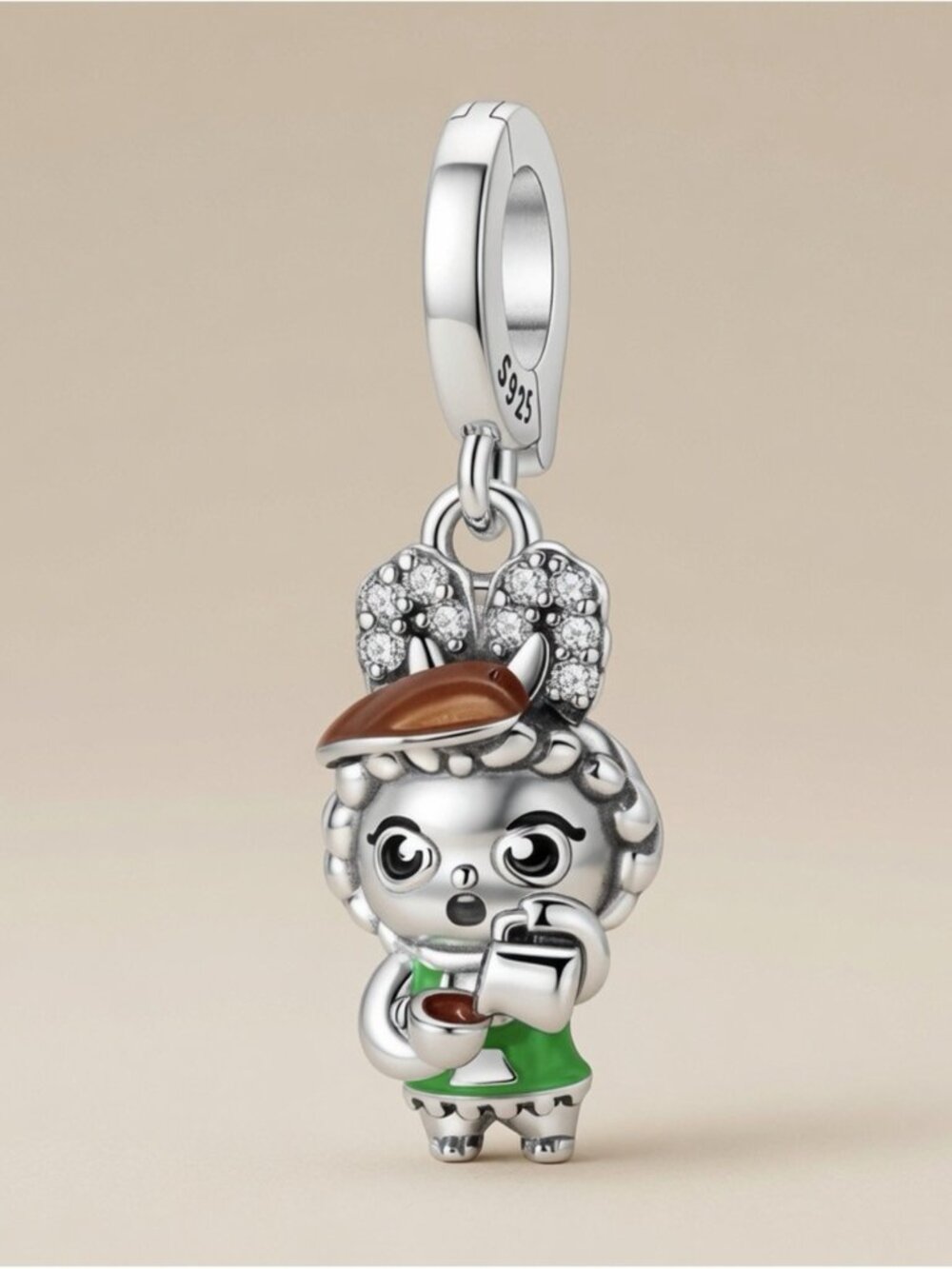 Silver Coffee Lover Charm with Green Accents